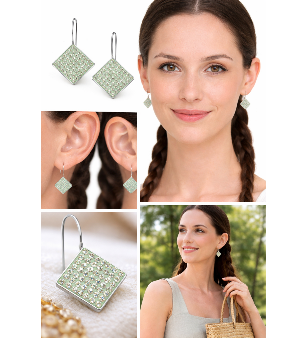 Boucles d’oreilles carrées scintillantes vert menthe cristal de haute qualité