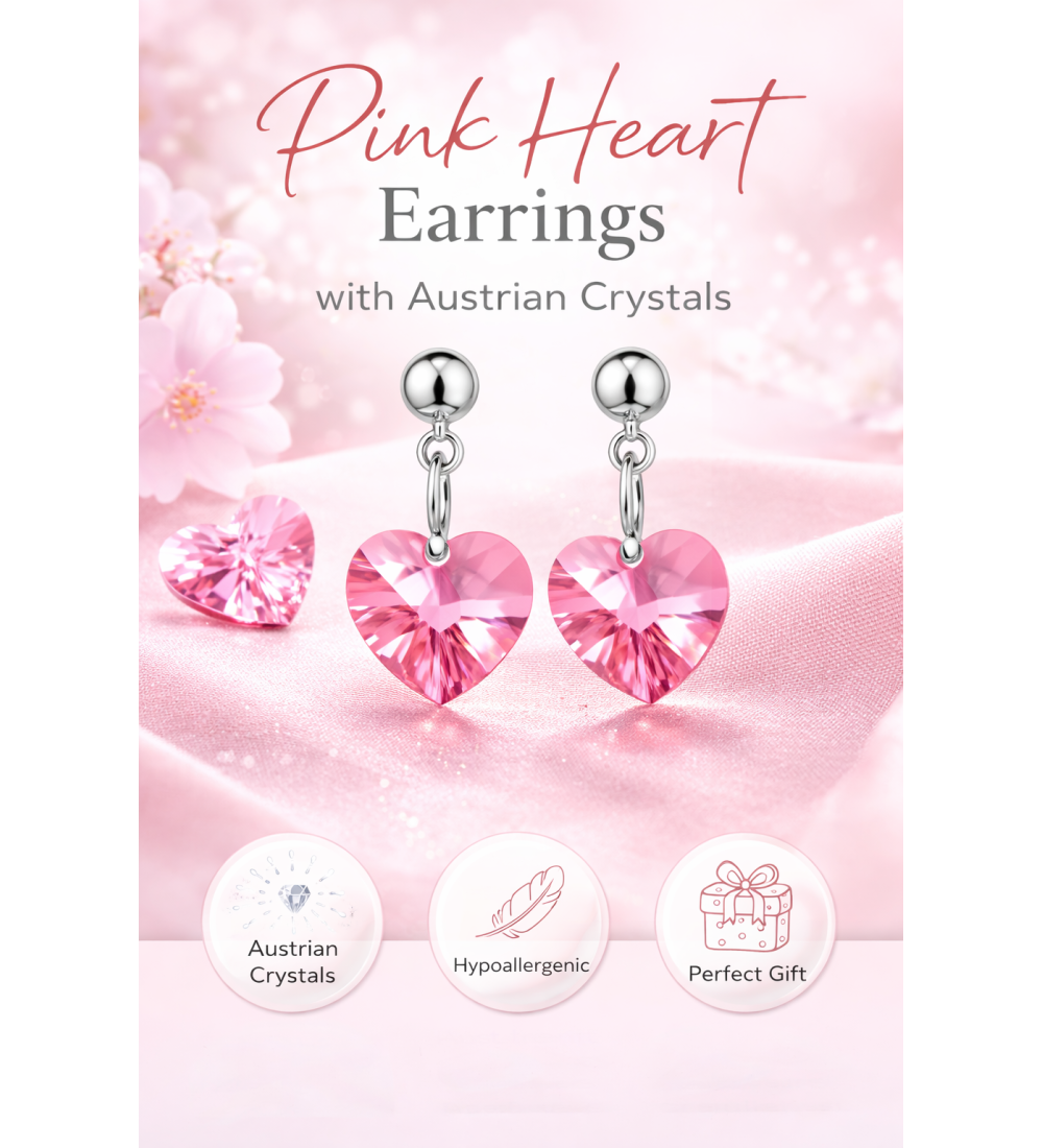 Boucles d’oreilles cœur rose en cristal autrichien – Élégantes & hypoallergéniques
