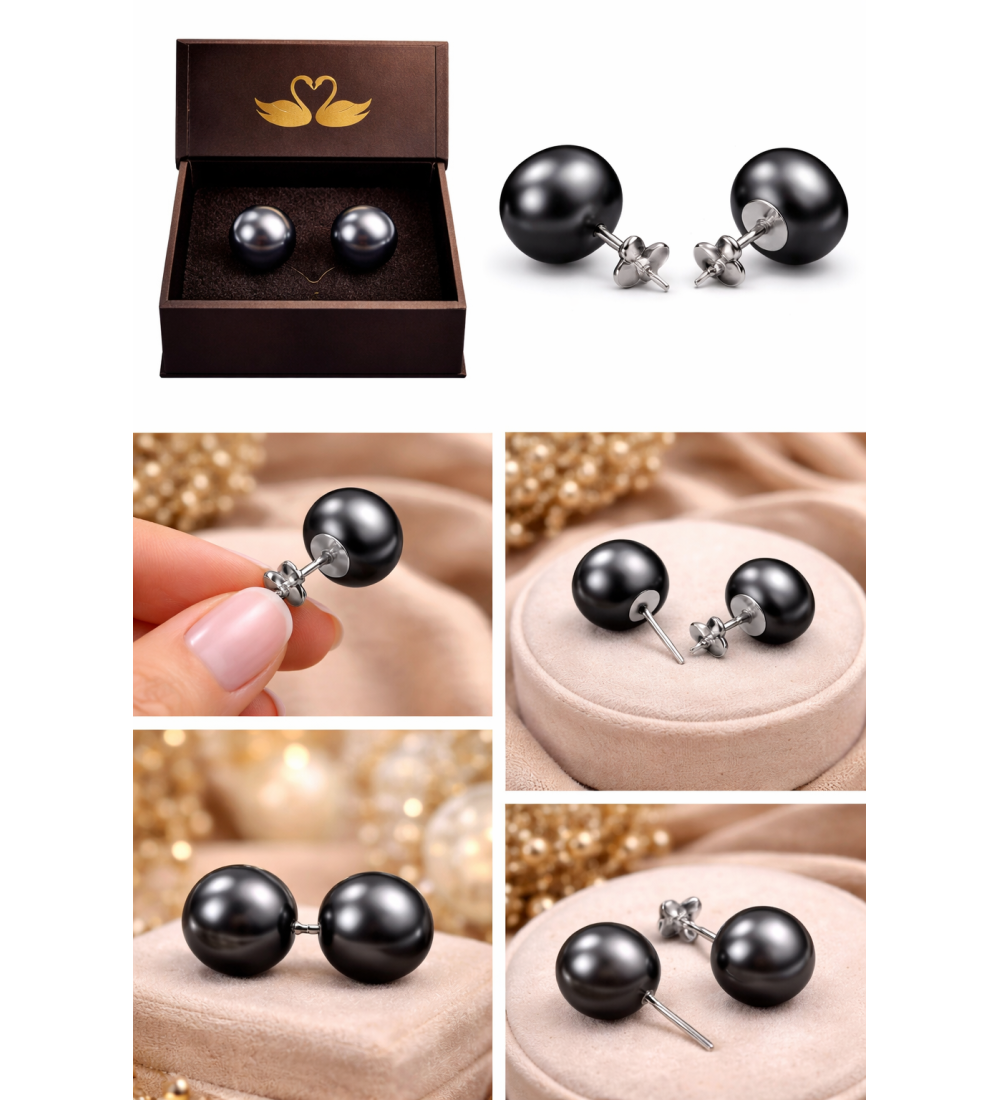 Boucles d’Oreilles Perles Noires Femme – Puces Élégantes Rhodium Anti-Ternissement