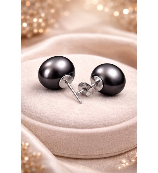 Boucles d’Oreilles Perles Noires Femme – Puces Élégantes Rhodium Anti-Ternissement