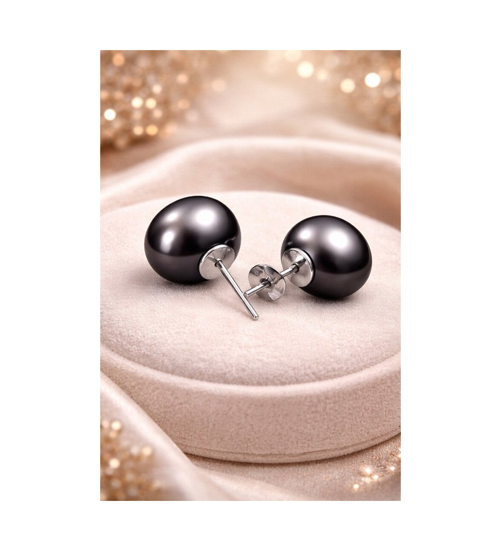 Boucles d’Oreilles Perles Noires Femme – Puces Élégantes Rhodium Anti-Ternissement