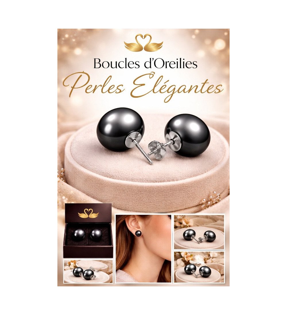 Boucles d’Oreilles Perles Noires Femme – Puces Élégantes Rhodium Anti-Ternissement