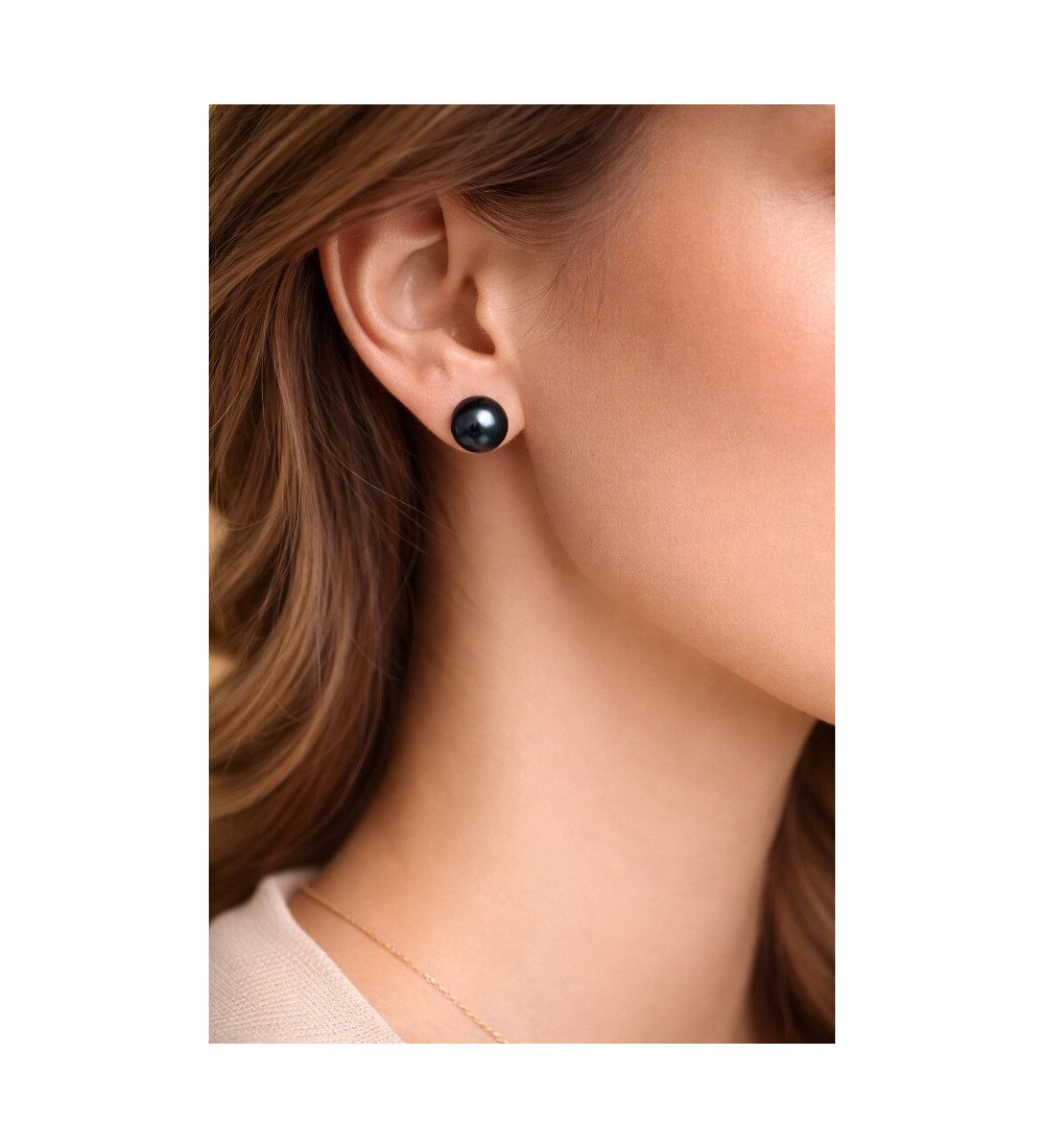 Boucles d’Oreilles Perles Noires Femme – Puces Élégantes Rhodium Anti-Ternissement