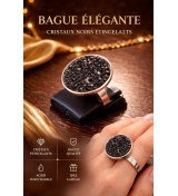 Bague ajustable femme cristal noir – Bague luxe rhodium – Livraison gratuite