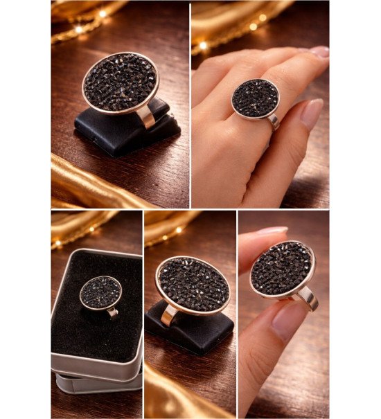 Bague ajustable femme cristal noir – Bague luxe rhodium – Livraison gratuite