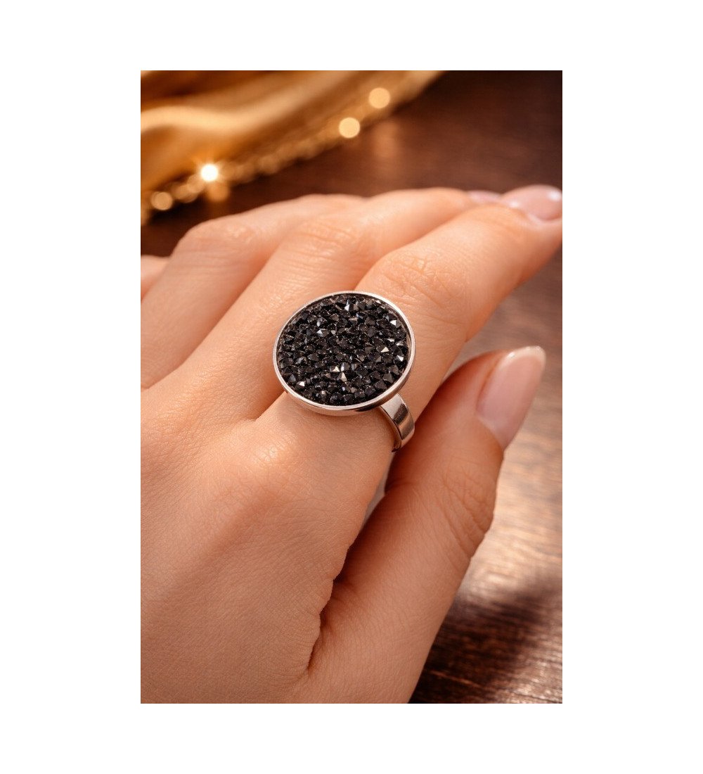 Bague ajustable femme cristal noir – Bague luxe rhodium – Livraison gratuite