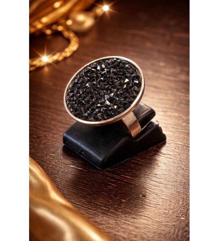 Bague ajustable femme cristal noir – Bague luxe rhodium – Livraison gratuite