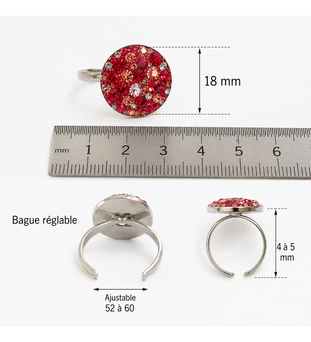 Bague Réglable Cristaux Rubis & Rose – Collection L'Âme d'Hossegor